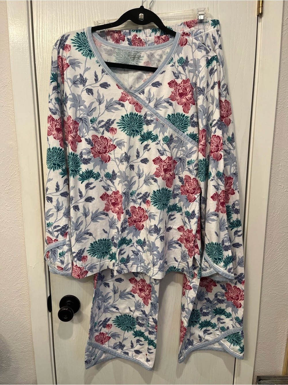 Garnet Hill Organic Cotton Asian Wrap Pajama Set Large Floral Knit Long Sleeve